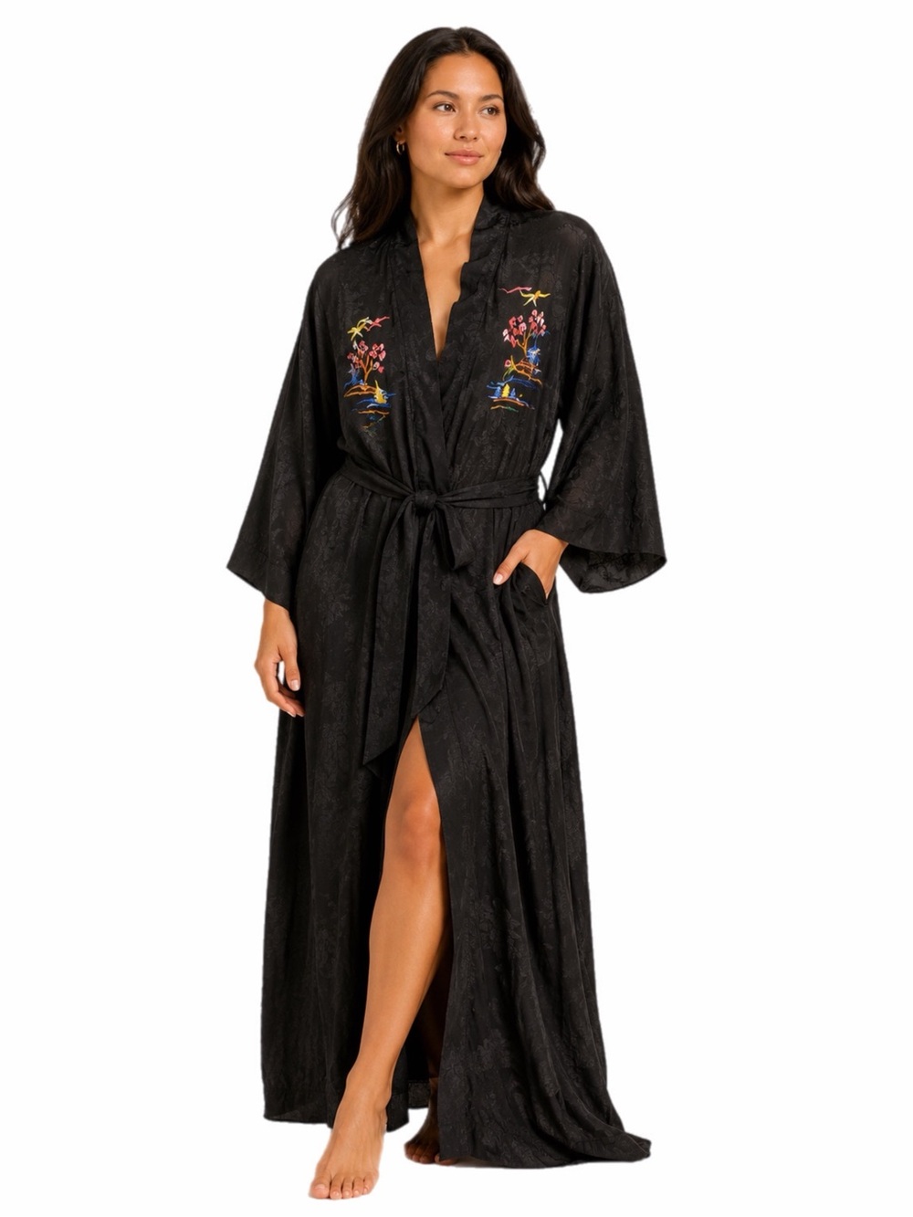 70s French Vintage Jacquard Floral Embroidered Asian Scenic Maxi Robe Black O/S